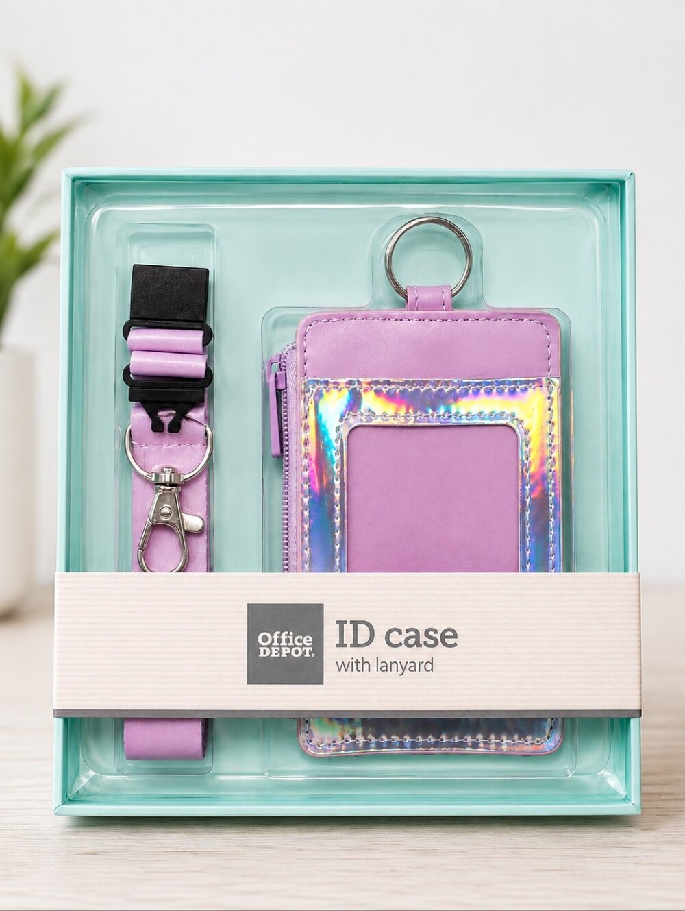 NWT Office Depot Purple Lavender  Iridescent ID Case Wallet Lanyard Sz 4.24" H